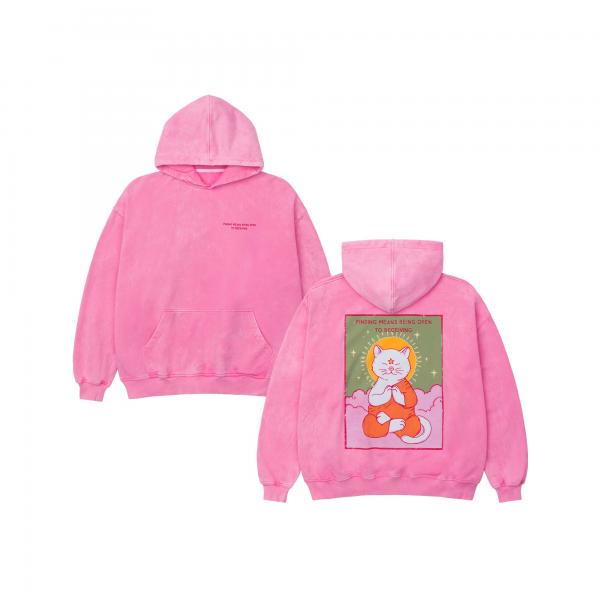 Oversized hoodie vintage-effect pink cat Buddha