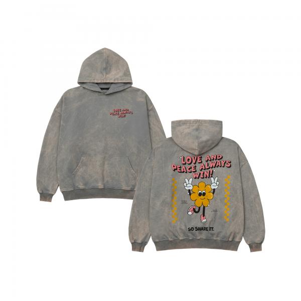 Oversized hoodie vintage-effect grey love and peace are always win