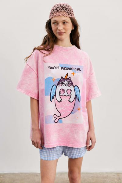 T-shirt oversized boiled pink cat mermaid